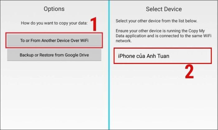 Chọn To or from another device over wifi