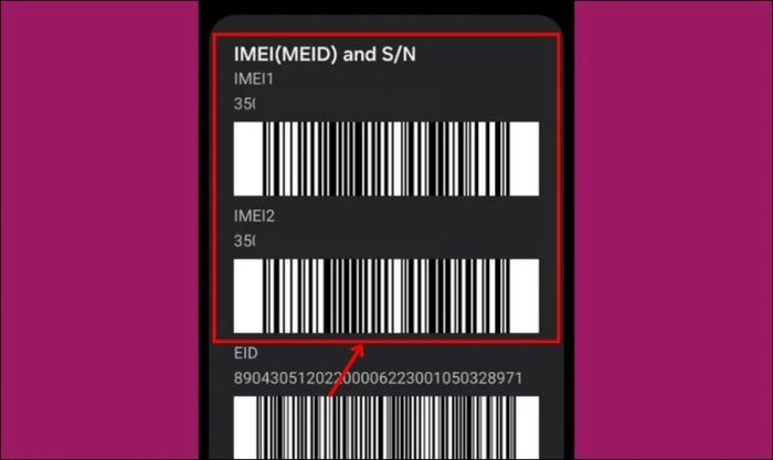 So sánh với số IMEI in trên thân máy