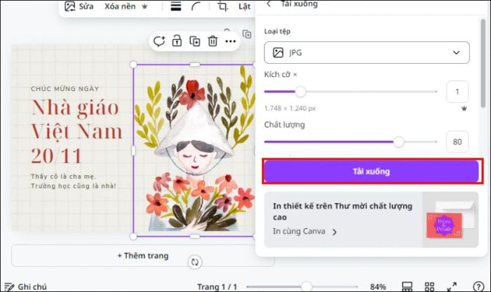 Canva hỗ trợ nhiều định dạng file để lưu thiệp, bao gồm PNG, JPG, PDF