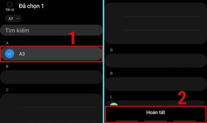 Chọn các số điện thoại cần di chuyển và nhấn Hoàn tất để kết thúc
