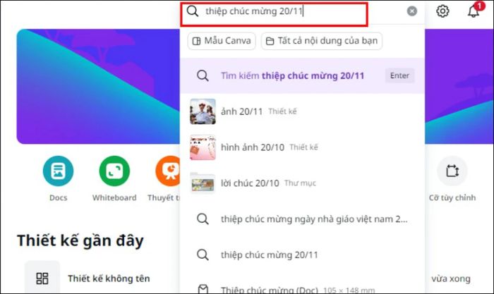 Nhập từ khóa 'thiệp chúc mừng 20/11' vào thanh tìm kiếm