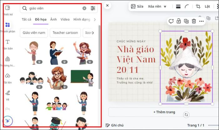 Trong giao diện chỉnh sửa, bạn có thể tự do tùy chỉnh thiệp theo ý muốn của mình