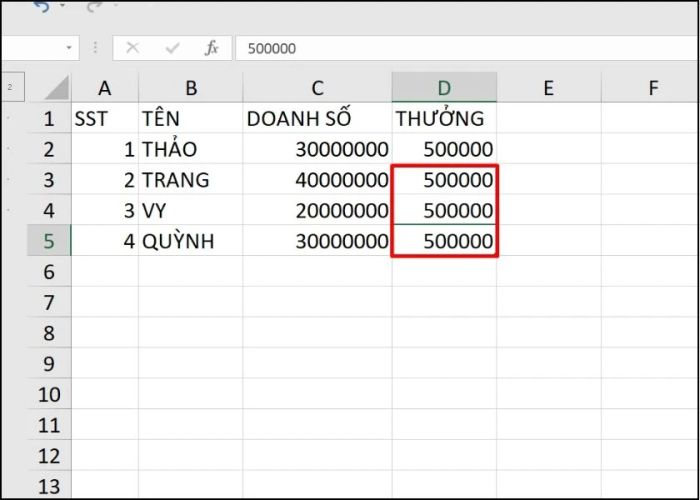 sử dụng ctrl d để sao chép dữ liệu vào các ô liền kề