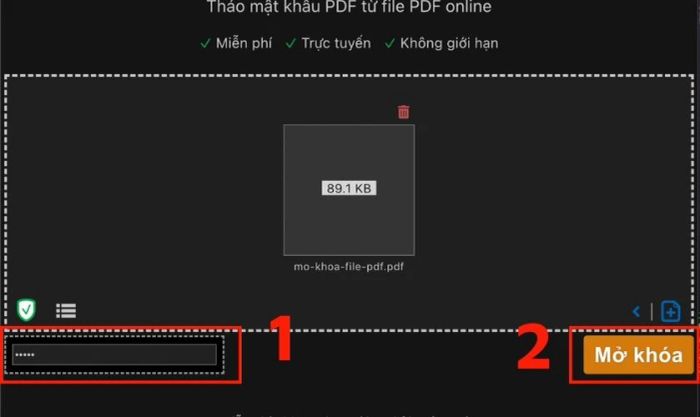 Nhập mật khẩu hiện tại và nhấn Mở khóa để tiếp tục giải mã file PDF.