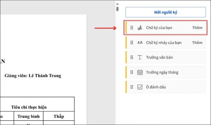 Nhấn vào mục Chữ ký của bạn