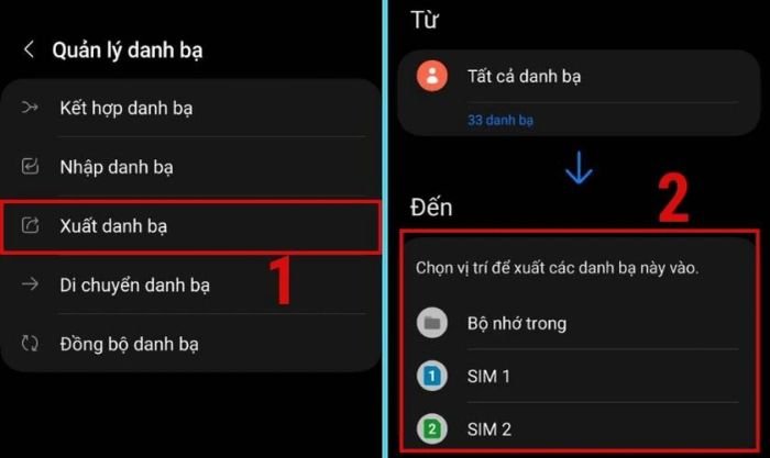 Nhấn vào Xuất danh bạ và chọn thẻ Sim phù hợp