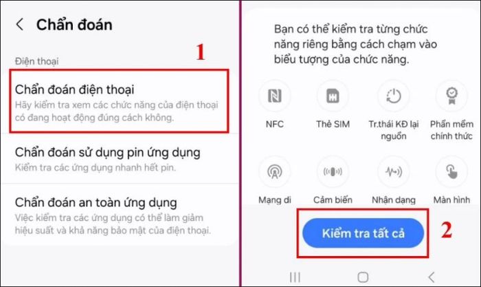 Chọn mục Chẩn đoán điện thoại và kiểm tra kết quả
