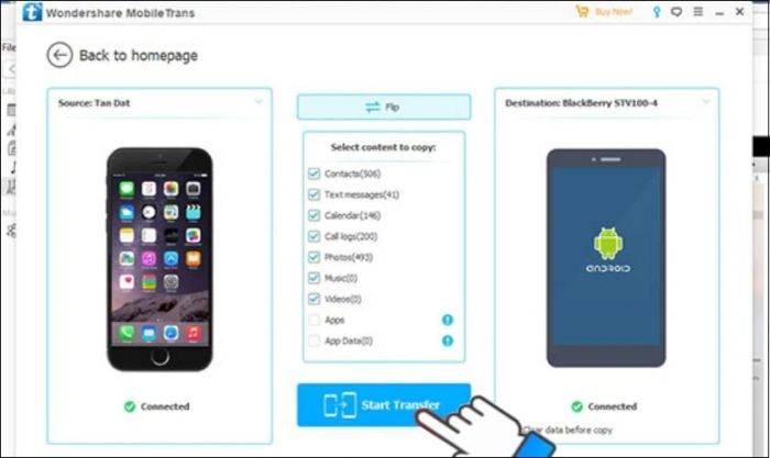 Nhấn Start Transfer để bắt đầu quá trình chuyển dữ liệu từ iPhone sang Android