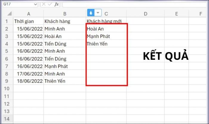 Nhập công thức để lọc các giá trị duy nhất