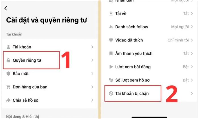 Chọn mục Quyền riêng tư, sau đó nhấn vào Tài khoản bị chặn