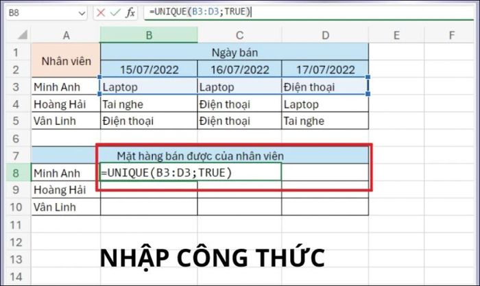 Ví dụ minh họa cách sử dụng hàm UNIQUE kèm điều kiện