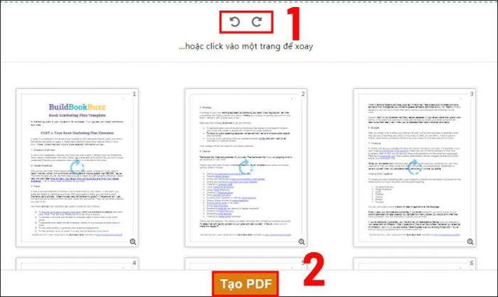 Nhấn vào biểu tượng xoay trái hoặc phải để điều chỉnh hướng của file, sau đó nhấn nút Tạo PDF phía dưới để hoàn tất.