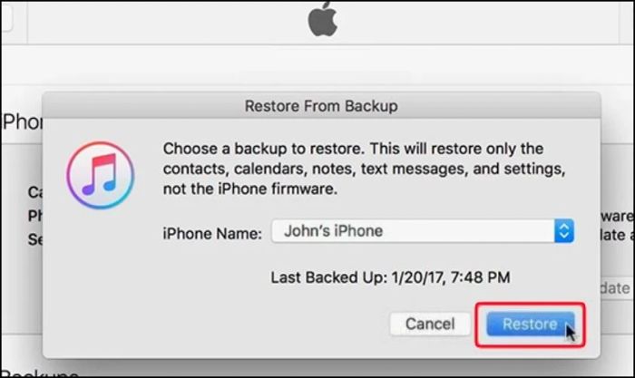 Hộp thoại Restore From Backup xuất hiện