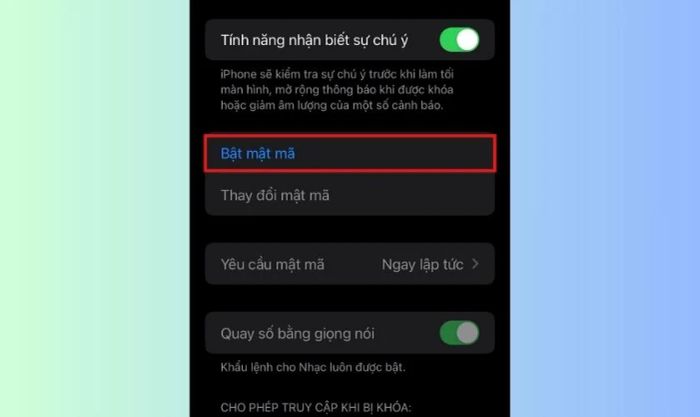 Kích hoạt tính năng Bật mật mã