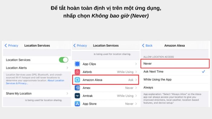 Nhấp chọn vào ứng dụng bạn muốn tắt định vị