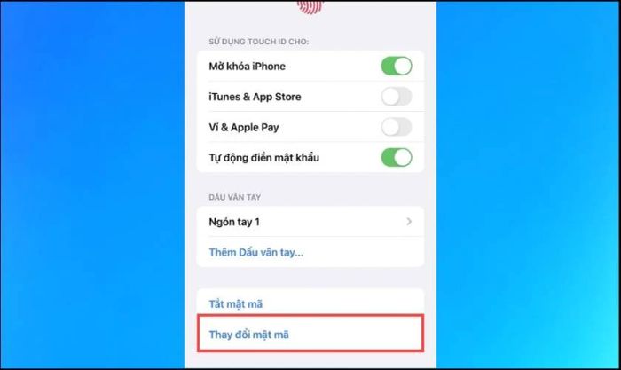 Nhấn chọn Thay đổi mật mã để bắt đầu quá trình đổi mật khẩu iPhone