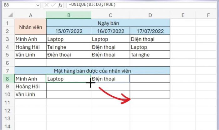 Các bước thực hiện lọc giá trị duy nhất trong Excel