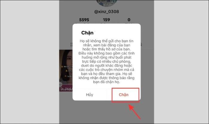 Trong danh sách tùy chọn, bạn chọn Chặn và xác nhận lại bằng cách nhấn Chặn lần nữa