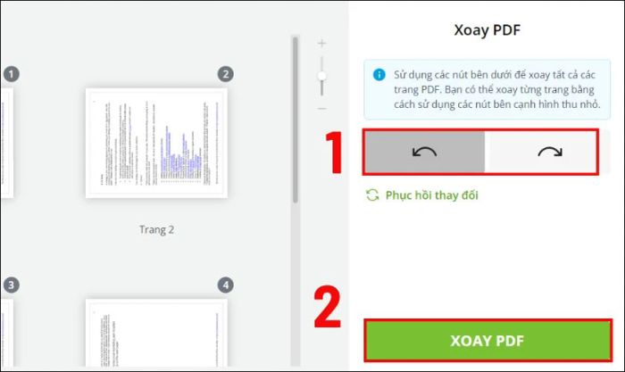 Nhấn vào biểu tượng xoay trái hoặc phải để xoay tài liệu, sau đó nhấn vào nút Xoay PDF màu xanh để thực hiện thao tác.