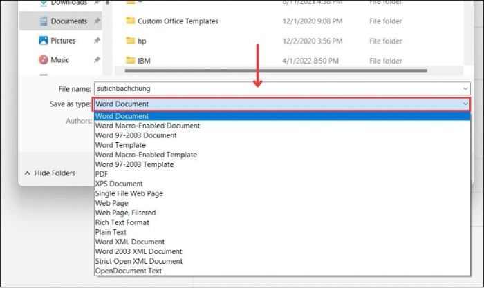 Chọn định dạng lưu file Word trên máy tính