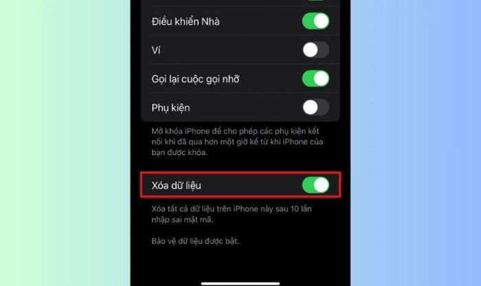 Kích hoạt tính năng Xóa dữ liệu
