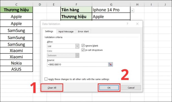 Xóa danh sách trong Excel