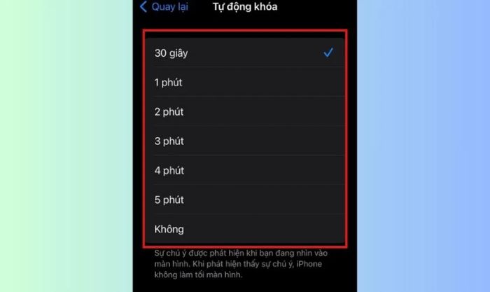 Lựa chọn thời gian khóa màn hình phù hợp để hoàn tất quá trình cài đặt