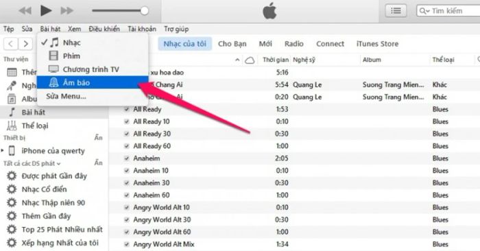 Mở iTunes → Chọn mục Âm báo → Kéo và thả nhạc chuông vừa tải → Nhấn đồng bộ âm báo.