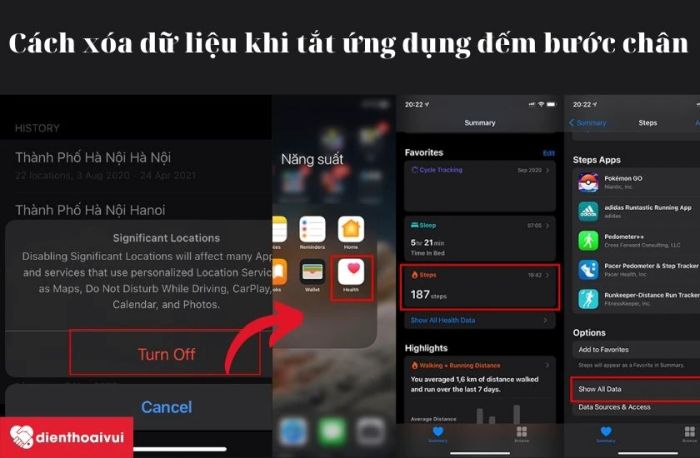 Các bước xóa dữ liệu khi tắt tính năng đếm bước chân trên iPhone