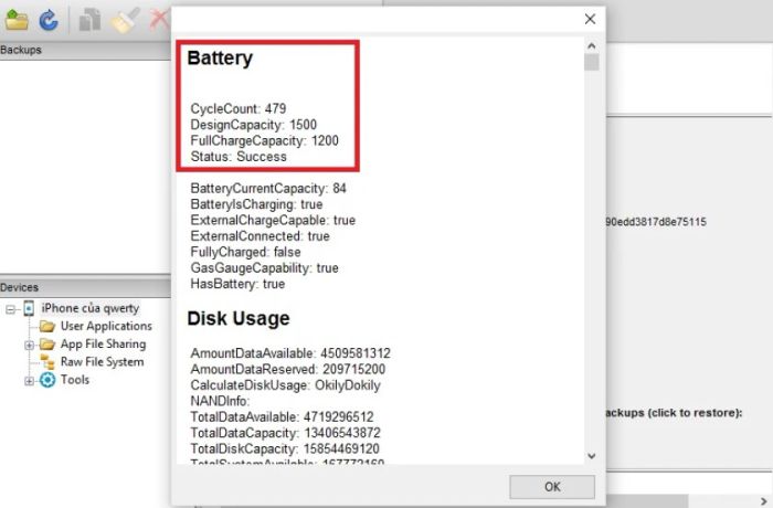 Kiểm tra tình trạng chai pin iPhone sử dụng iBackup Bot