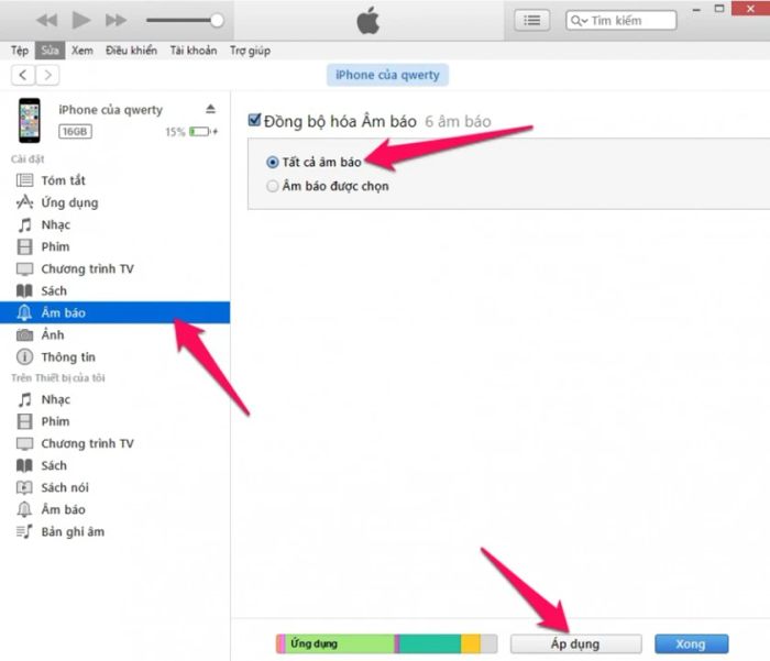 Mở iTunes → Chọn Âm báo → Kéo thả nhạc chuông vừa tải → Nhấn đồng bộ âm báo.
