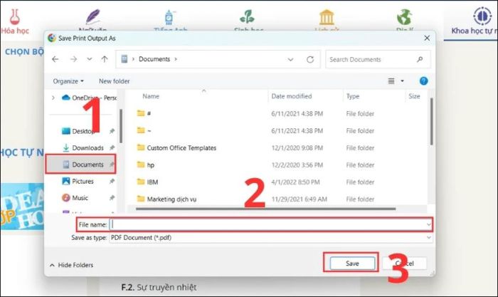 Chọn vị trí lưu file PDF, nhập tên vào File Name và nhấn Save để hoàn tất