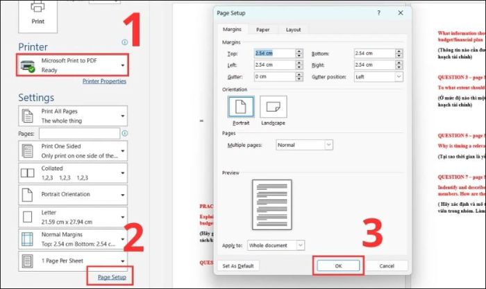 Thiết lập Page Setup để điều chỉnh hướng, kích thước, trang… và nhấn OK