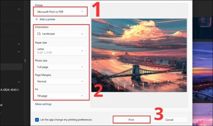 Tùy chỉnh các thiết lập theo hình minh họa nếu cần và nhấn Print để tiếp tục.