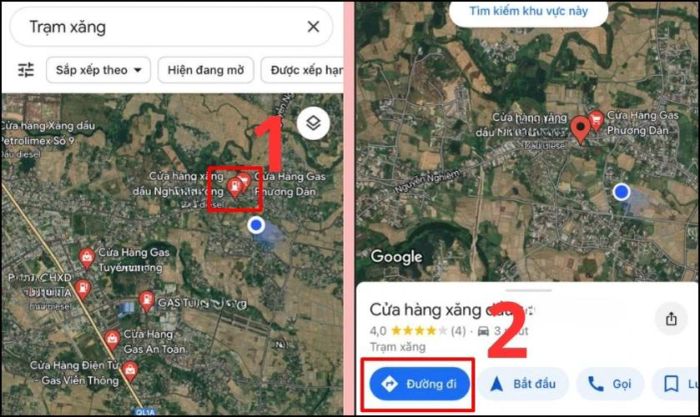 Tiếp theo, quan sát tất cả các trạm xăng được hiển thị trên bản đồ (được đánh dấu bằng biểu tượng màu đỏ)