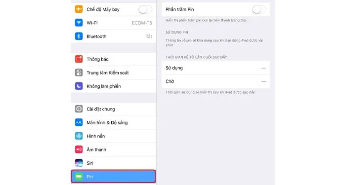 Chọn mục Pin trong Cài Đặt.
