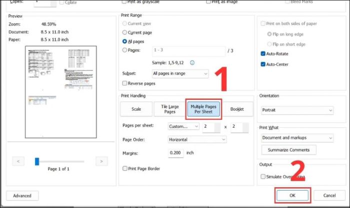 Chọn tùy chọn Multiple Page per sheet và nhấn OK để xác nhận