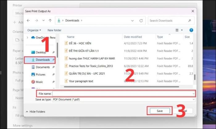 Chọn thư mục lưu file PDF và nhập tên vào ô file name để hoàn thành.