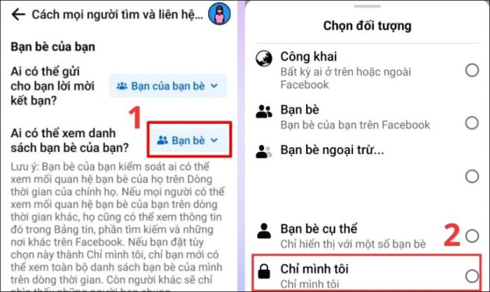 Nhấn vào biểu tượng bạn bè để chọn ai có thể xem danh sách bạn bè của bạn