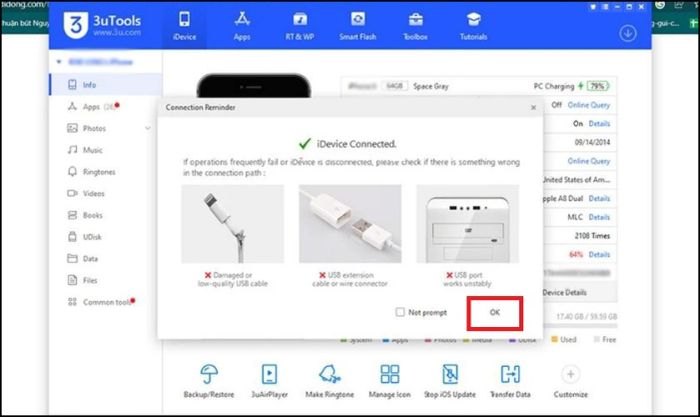 Sử dụng 3uTools thông qua máy tính để kiểm tra pin
