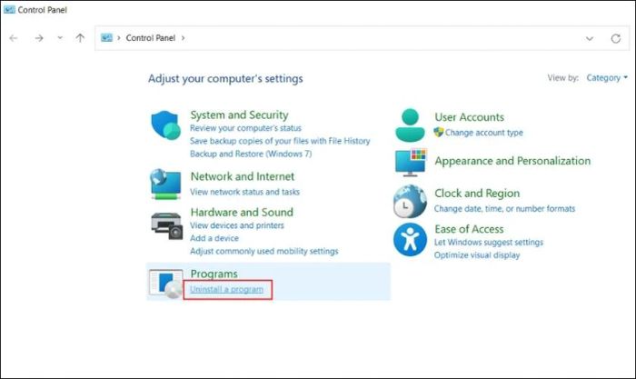 Chọn Uninstall a Program.