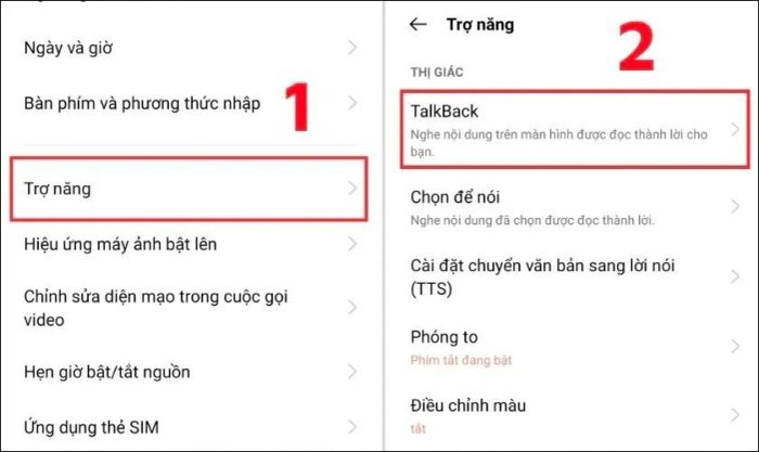 Hướng dẫn chọn mục TalkBack trong phần Trợ năng