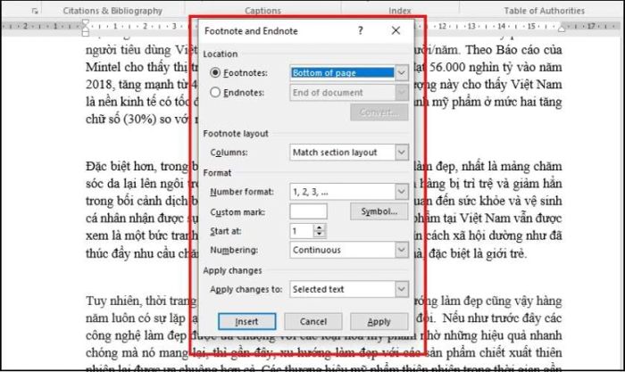 Hộp thoại Footnote and Endnote sẽ xuất hiện trên giao diện Word của bạn.