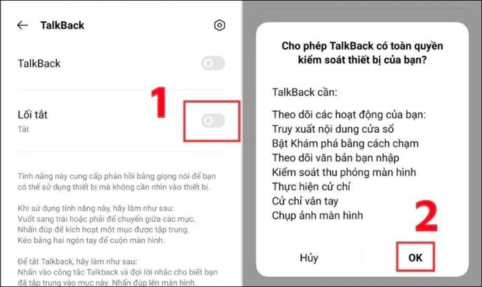 Xác nhận để TalkBack có quyền truy cập vào điện thoại OPPO