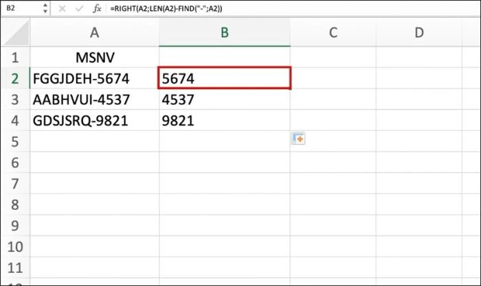 kết hợp hàm right và find trong excel