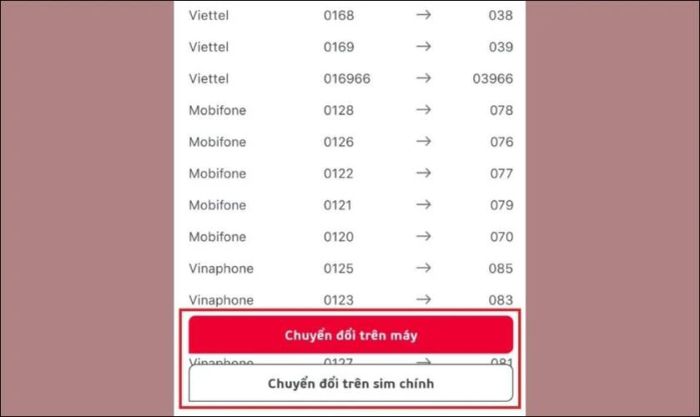 Chọn Chuyển đổi trên máy hoặc Chuyển đổi trên sim