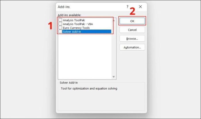 Bỏ chọn tất cả các mục trong Add-ins available