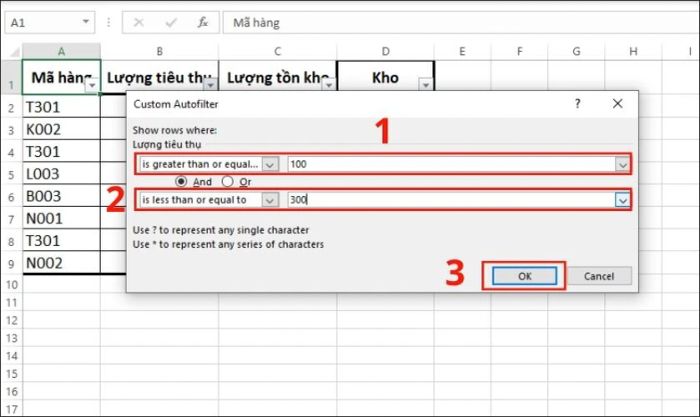 Lọc dữ liệu dạng số trong bảng tính