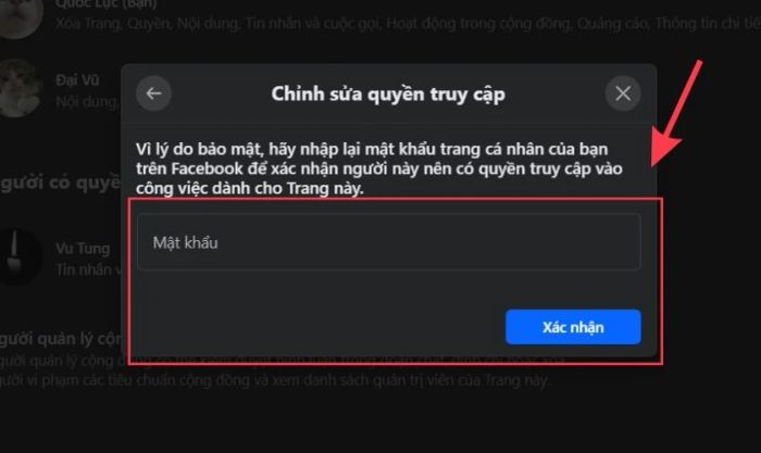 Nhập mật khẩu tài khoản cá nhân đã tạo Fanpage để xác nhận