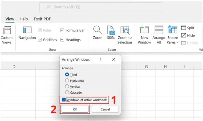 Chọn vào Windows of active workbook để sửa lỗi mở file Excel bị trắng